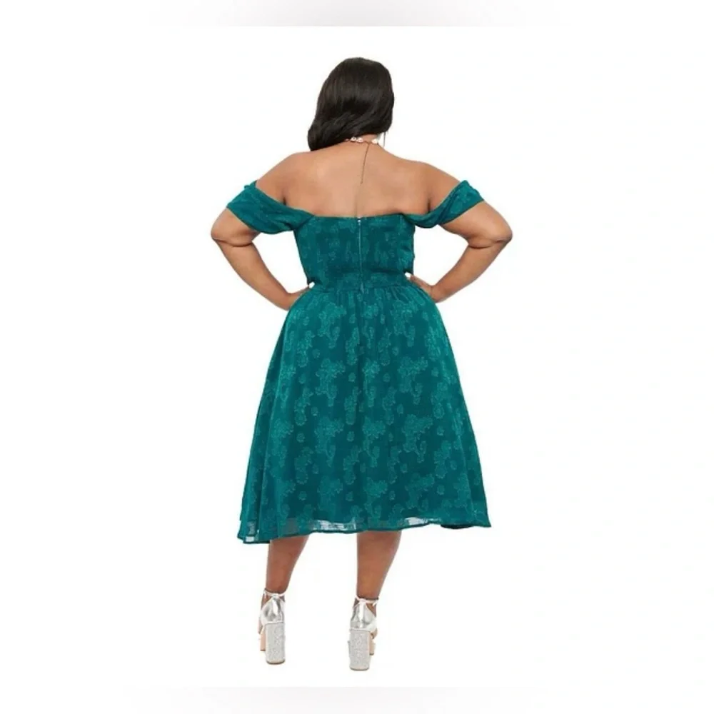 Unique Vintage 1950s Teal Green Jacquard Off Shoulder Flare Dress, Size  XL, NWT - Picture 3 of 15